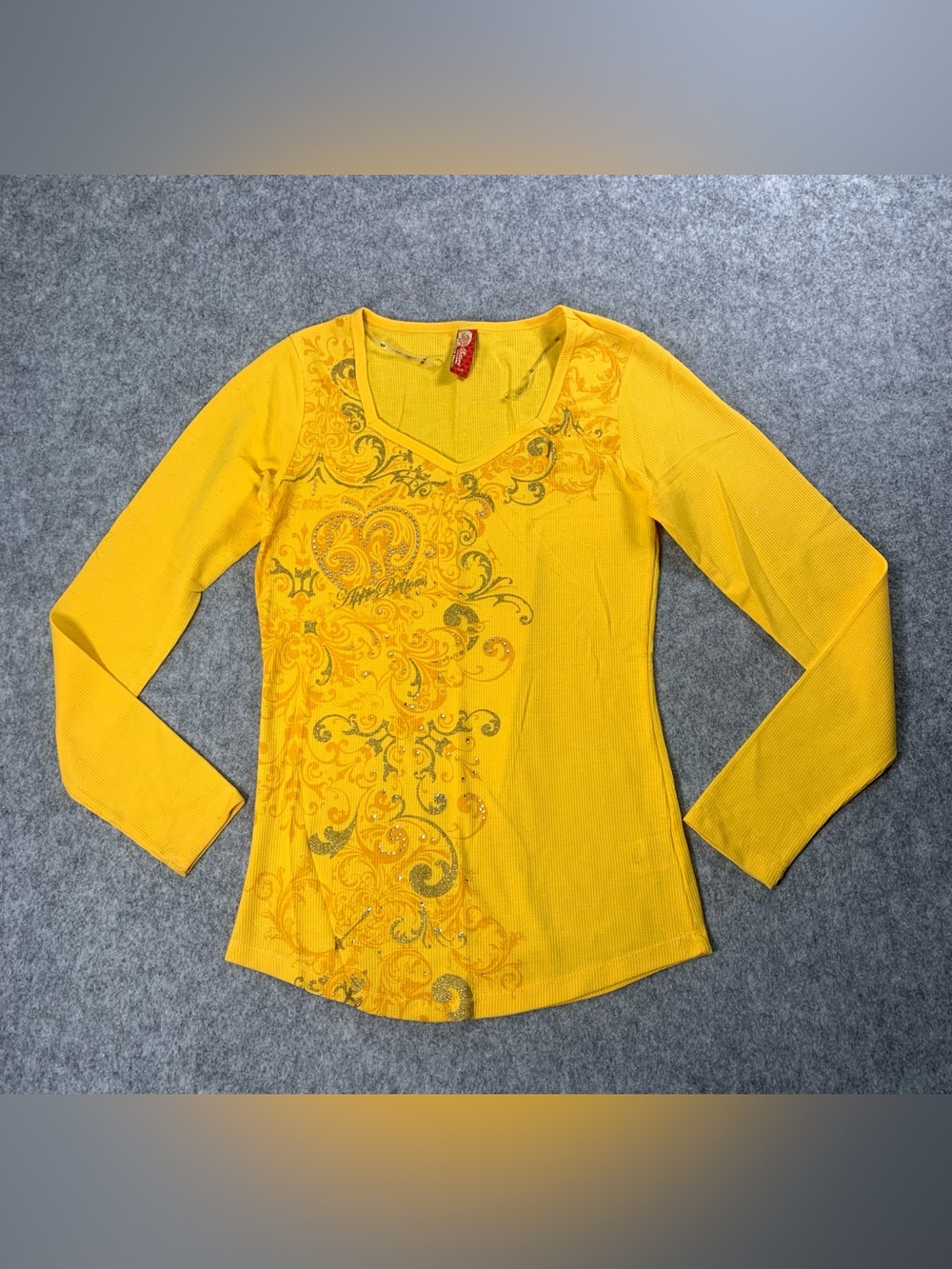 Apple Bottoms Yellow Long-Sleeve V-Neck Top with Paisley Scroll Design